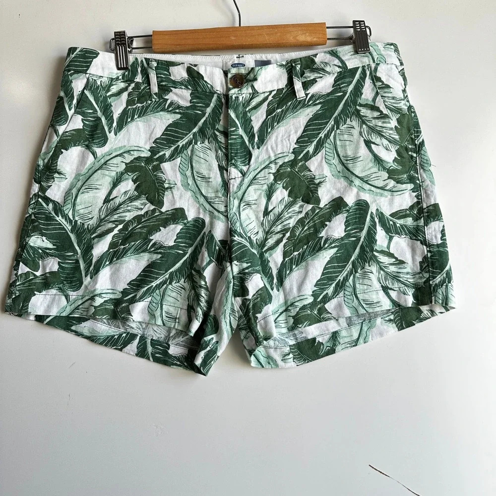 Old Navy Chino Shorts Palm Print Linen Blend Casual Green/White Size 12 NWOT - Picture 7 of 11
